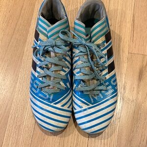 Men’s Adidas Nemesiz Blue and White Striped Soccer Cleats, Size 6